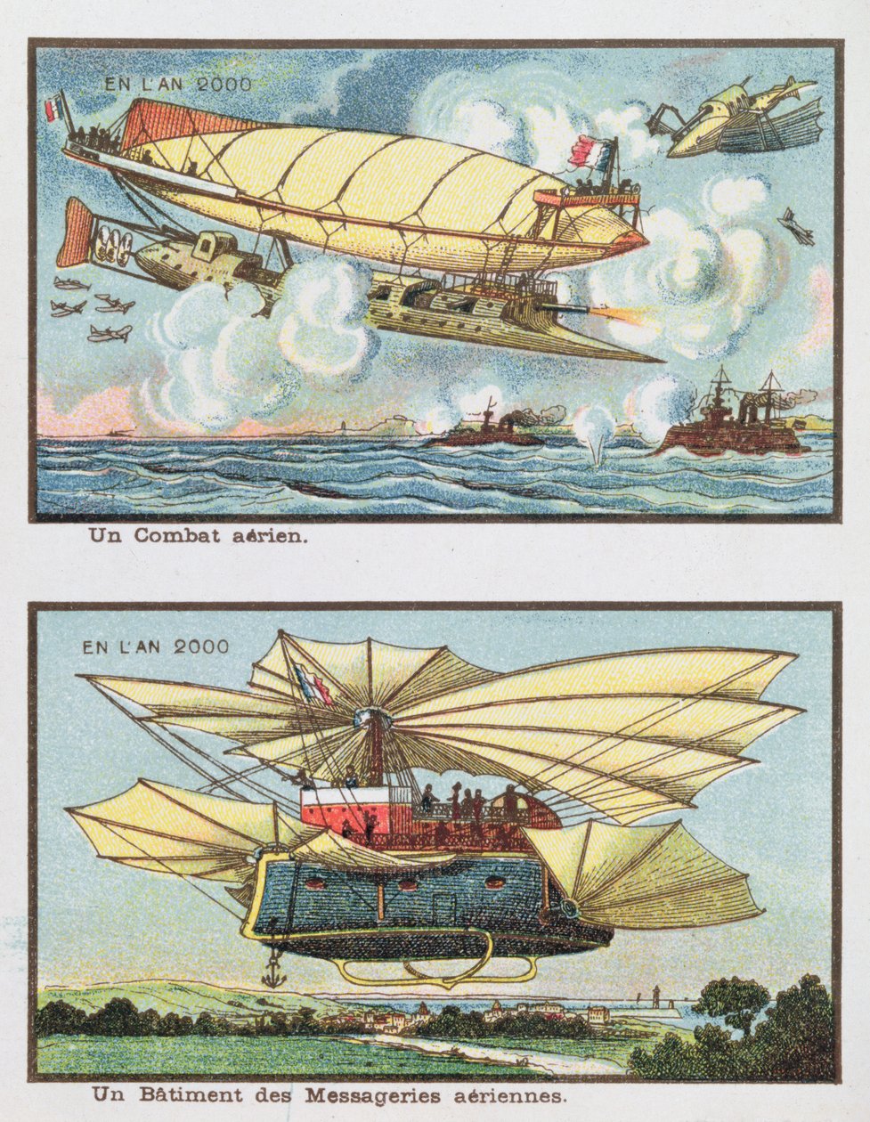 Fantasy zobrazení letecké bitvy a letadla pro přepravu nákladu v roce 2000, kolem roku 1910 od French School