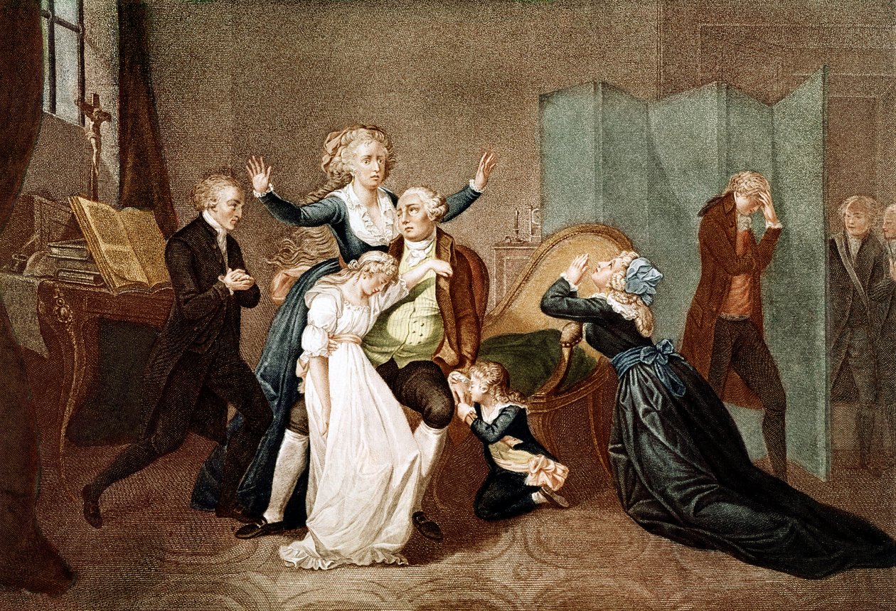 Loučení s Ludvíkem XVI. jeho rodinou v chrámu, 20. ledna 1793 - Poslední rozhovor Ludvíka XVI. s jeho rodinou (Marie Antoinette a jejich děti Marie Terezie nebo Madame Royale (1778-1851) a Ludvík XVII. (1785-1795), předvečer jeho popravy v T od French School