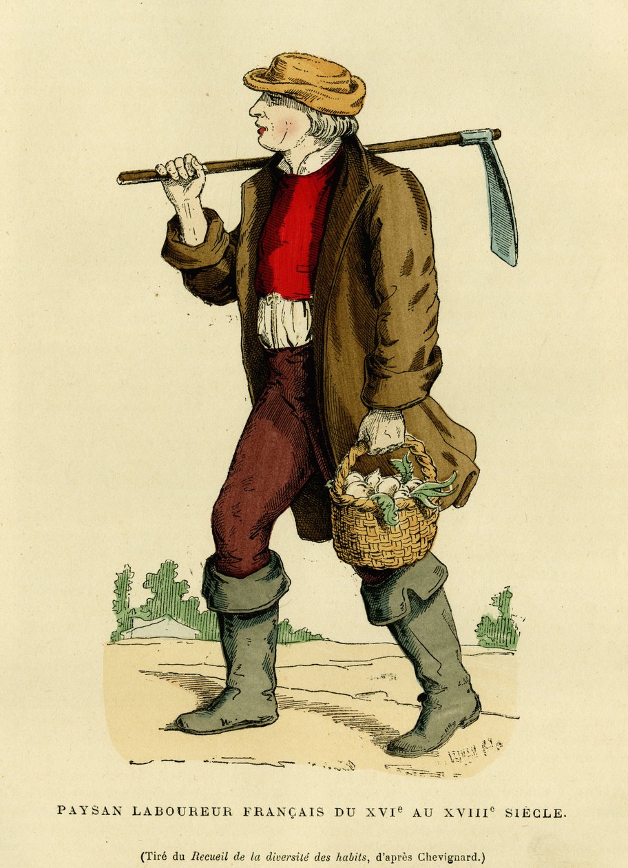 Sedlácký oblek ze 17. až 18. století. Barevná rytina podle kresby Chevignarda, ve „France et les francais a travers les století“ od Augustina Challamela, editor F.Roy, Paris 1882. Selva Collection. od French School