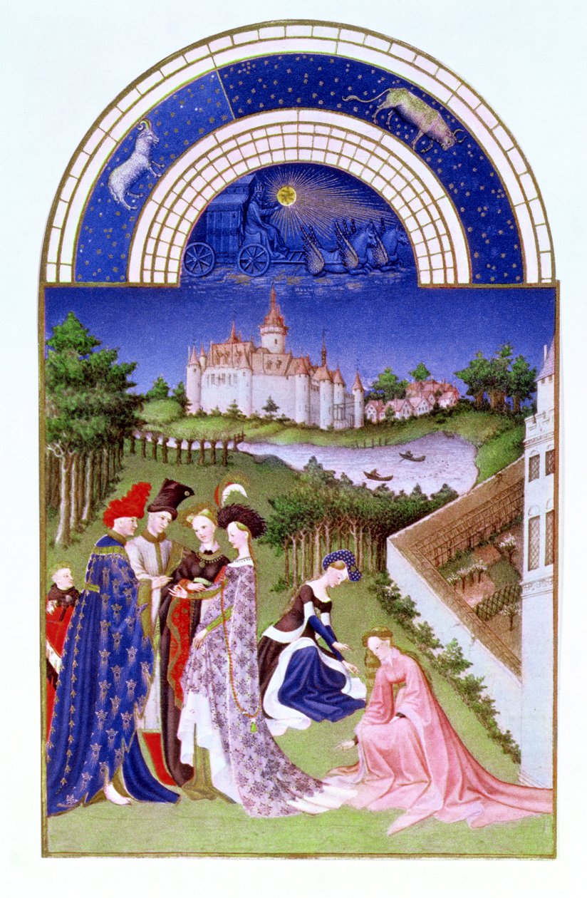 Dubnový faksimile: dvorní postavy v zámeckém areálu od bratří Limbourgů, z Tres Riches Heures du Duc de Berry (originál viz 8436) od French School
