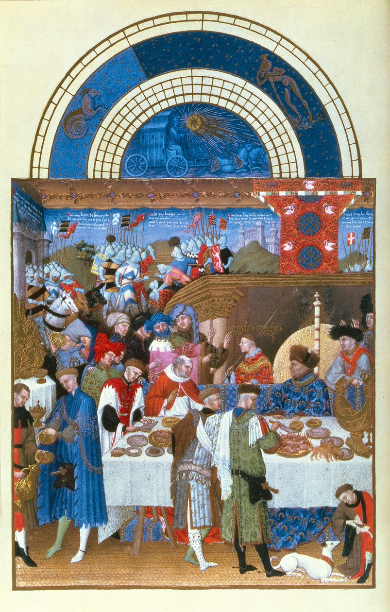 Faksimile ledna: banketová scéna bratří Limbourgů, z Tres Riches Heures du Duc de Berry (originál viz 8433) od French School