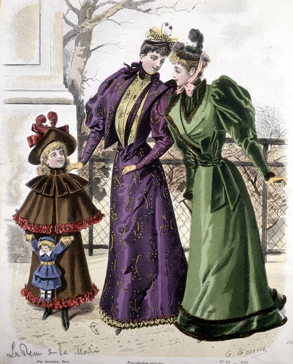 Móda: 2 ženy a dívka drží panenku. 1892 od French School
