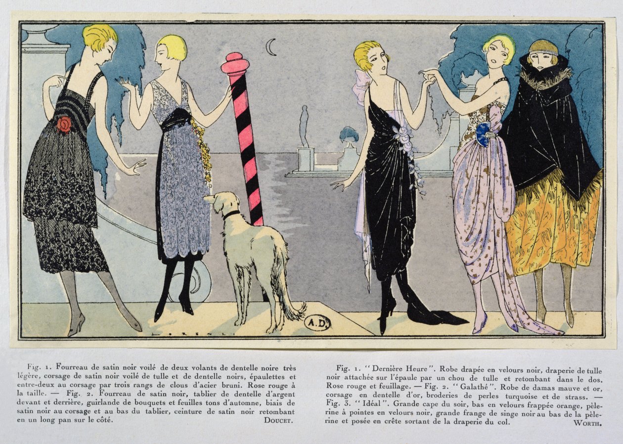Módní návrhy Jacquese Douceta (1853-1929) a House of Worth z Les Elegances Parisiennes, zima 1920-21 od French School