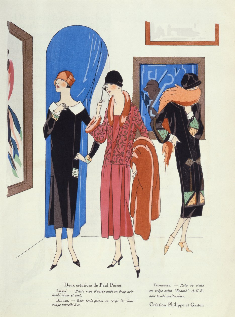 Módní návrhy pro návštěvníky uměleckých galerií od Paula Poireta a Philippe et Gastona, z časopisu Art, Gout, Beaute, 1925. od French School