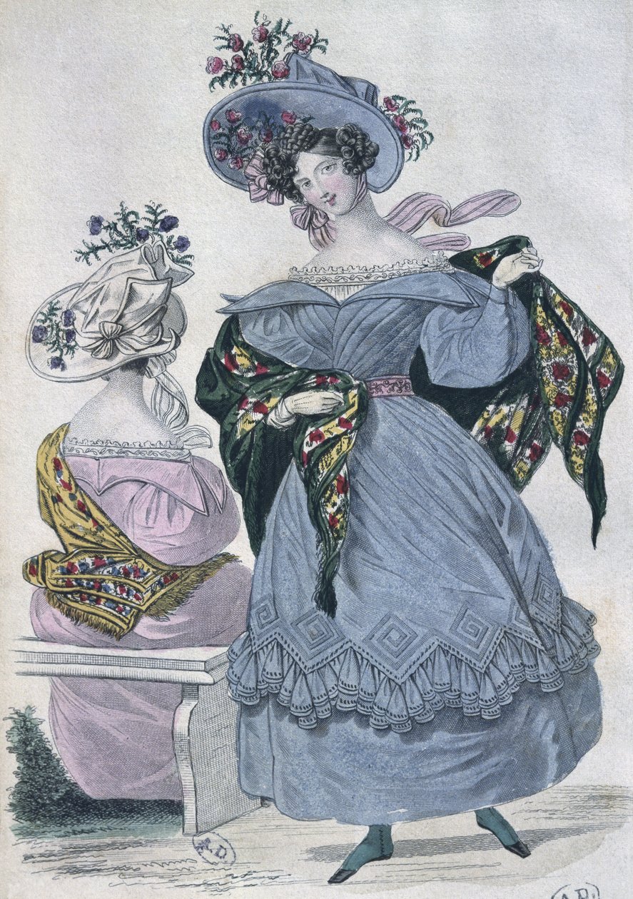 Módní talíř, Paříž, ilustrace z Le Petit Courrier des Dames, 1830 (barevná rytina) od French School
