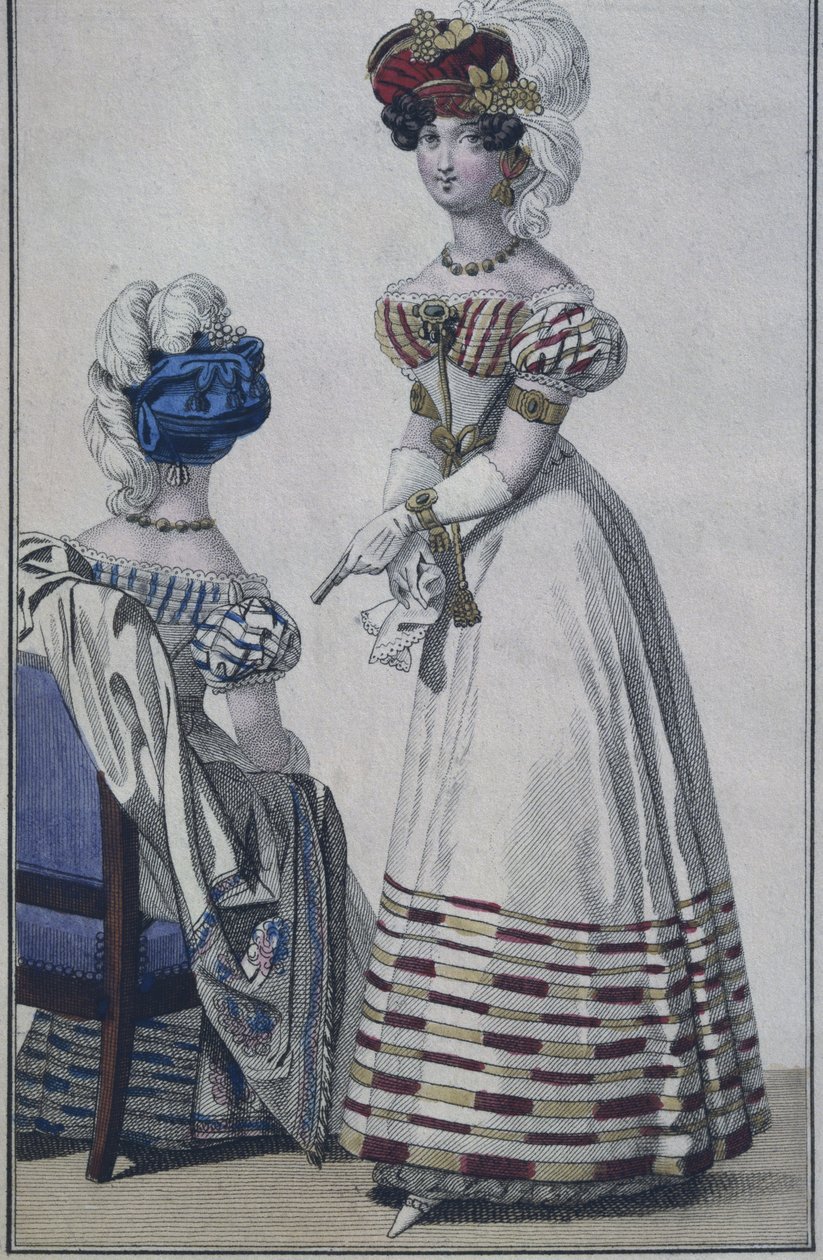 Módní talíř, Paříž, ilustrace z Le Petit Courrier des Dames, kolem 1820 (barevná rytina) od French School