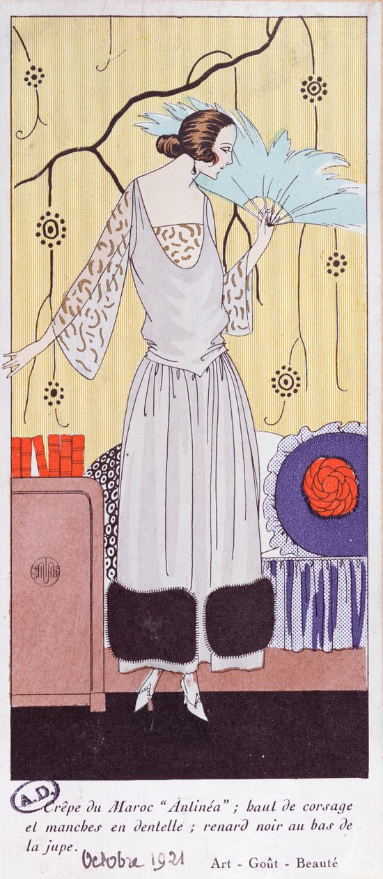 Módní talíř s vějířem z peří, z knihy Art, Gout, Beaute, 1921, (pochoárový tisk) od French School