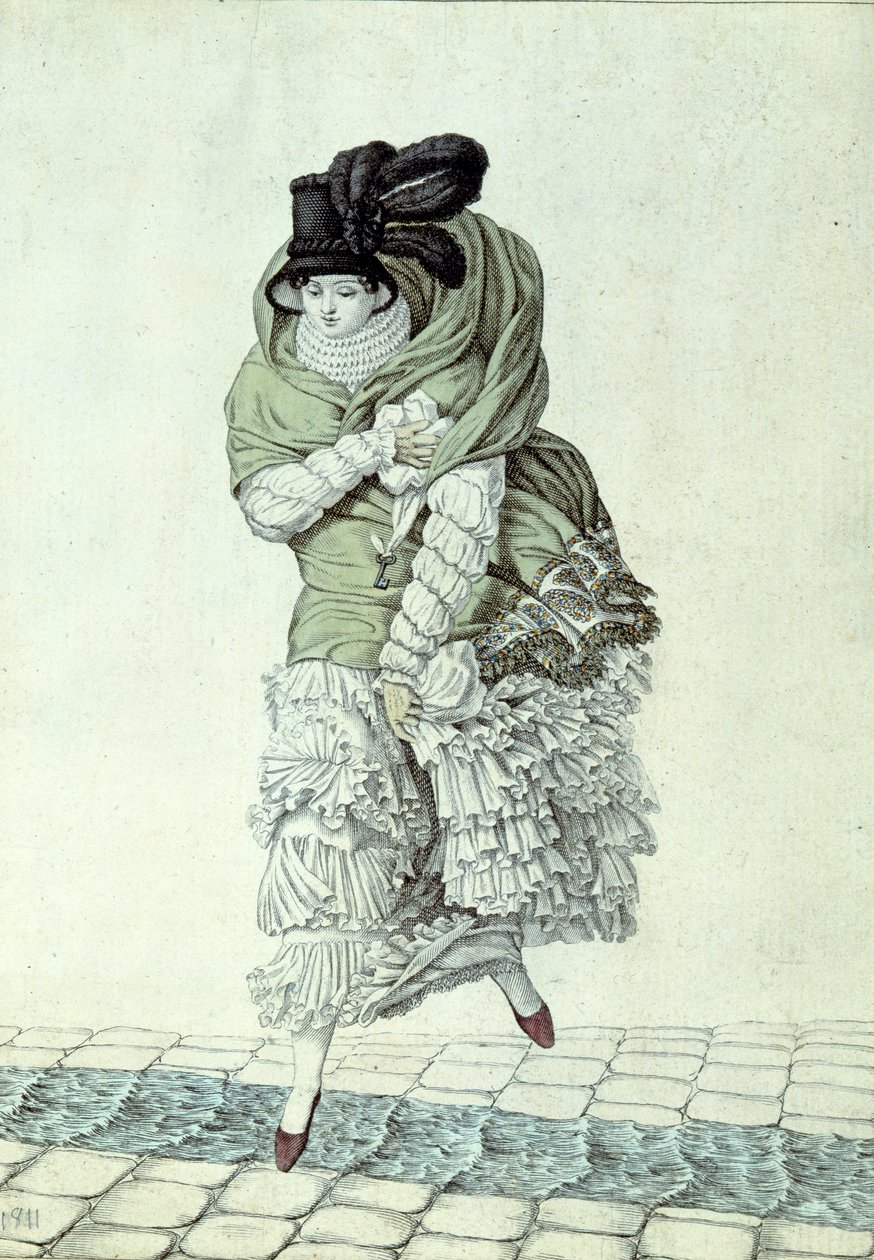 Módní štítek zobrazující dámu překračující kanalizační potok, 1811 (barevná rytina) od French School