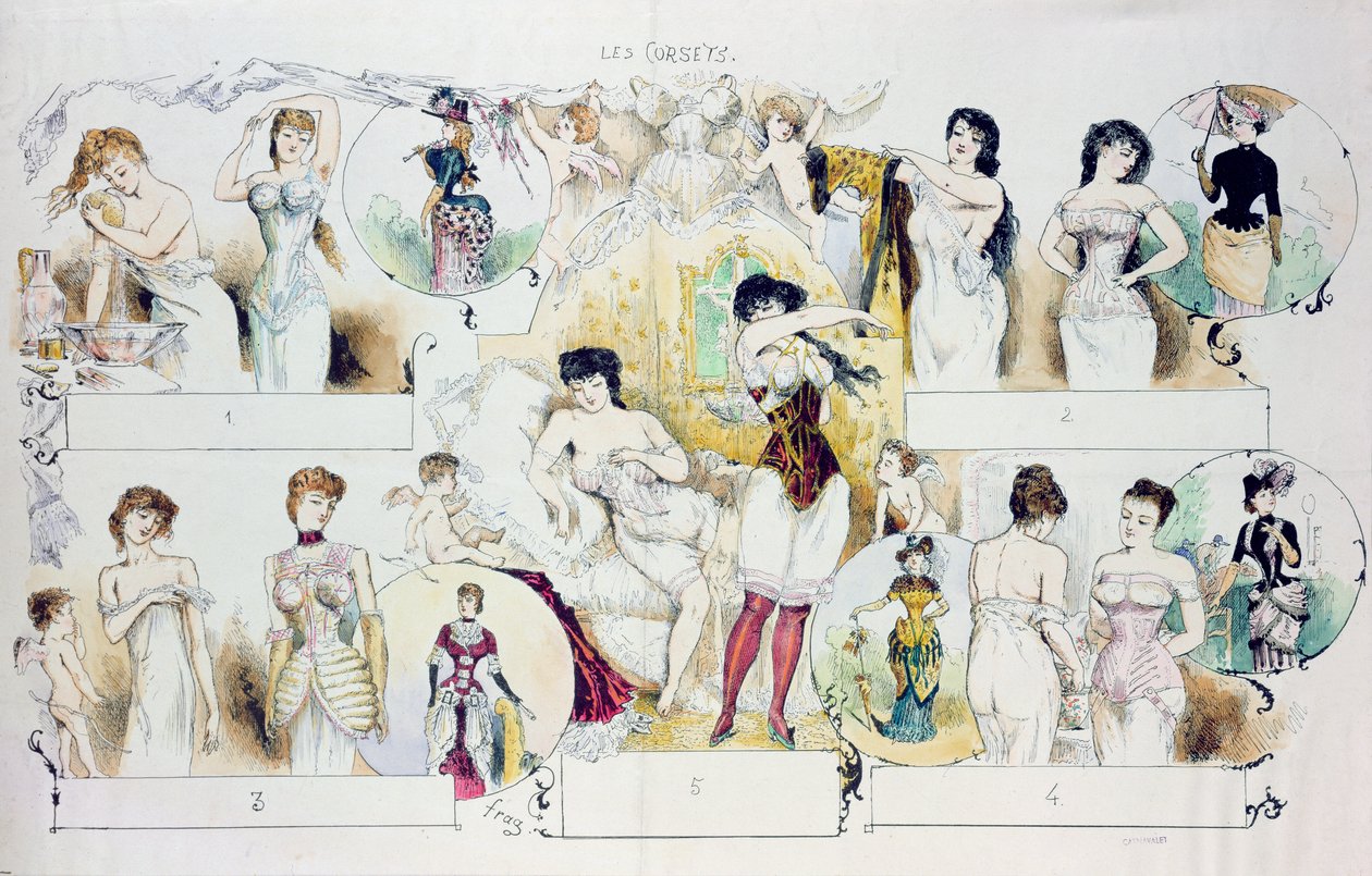 Módní talíř pro La Vie Parisienne s vyobrazením korzetů, kolem roku 1870 (barevná rytina) od French School