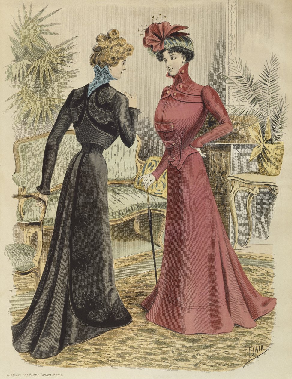 Módní talíř, v obývacím pokoji, ilustrace z La Nouvelle Mode, 1897 (barevná rytina) od French School