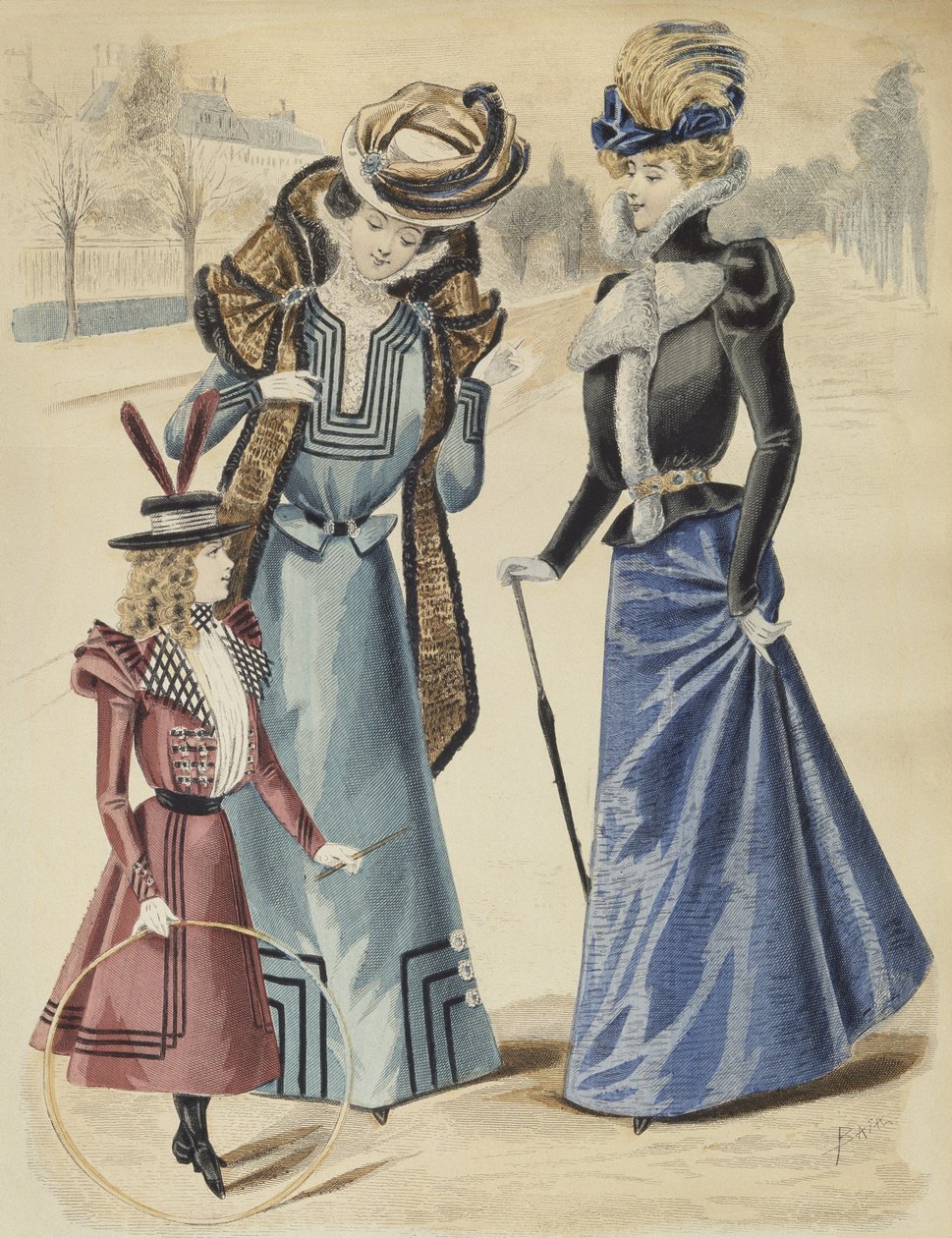 Módní talíř, na bulváru, ilustrace z La Nouvelle Mode, 1897 (barevná rytina) od French School