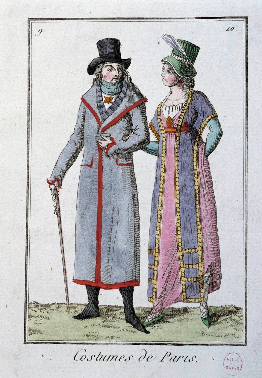 Móda pod vedením: pár elegantních Pařížanů. Anonymní litografie z roku 1795. Paříž, muzeum kostýmů od French School
