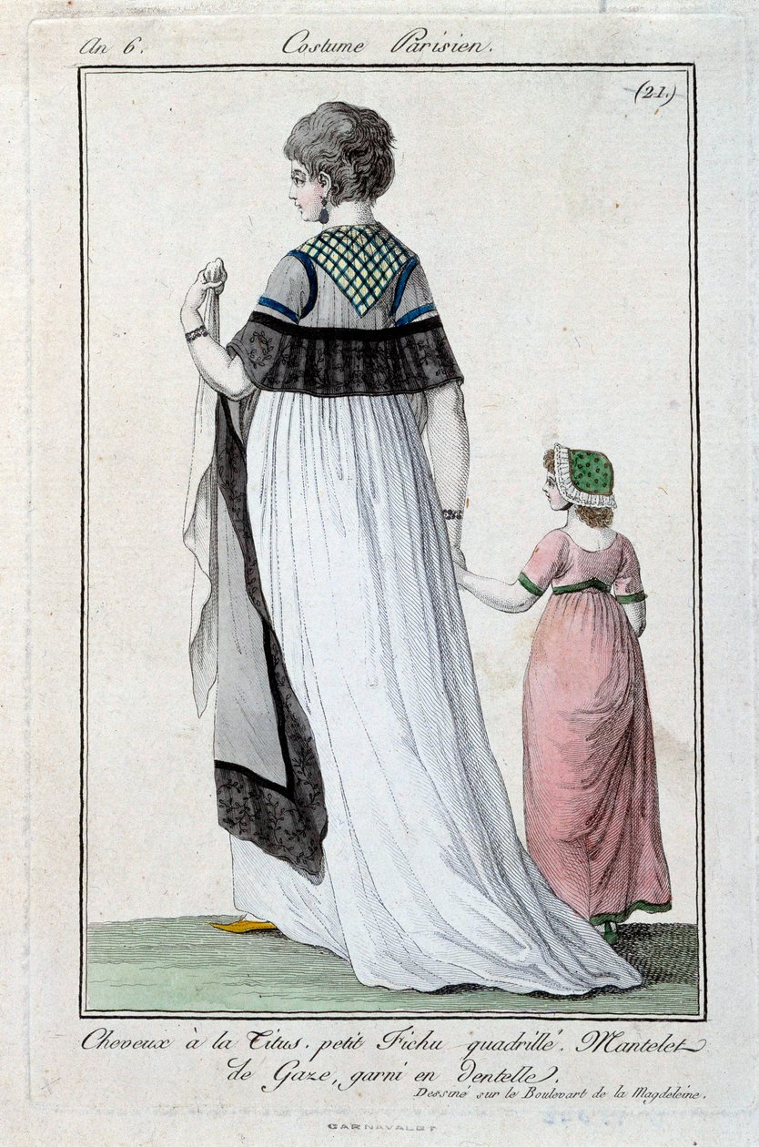 Móda pod vedením správní rady: elegantní mladá Pařížanka nosí Titus, gázový plášť s krajkou. 1797. Paříž, muzeum kostýmů od French School