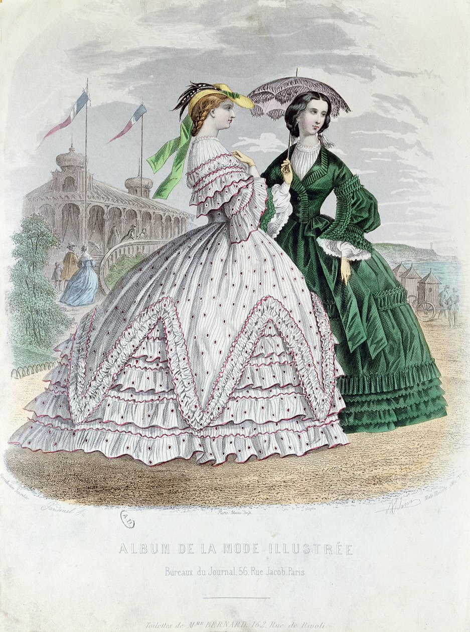 Módní pařížské dámy u moře, 1861 (barevná rytina) od French School