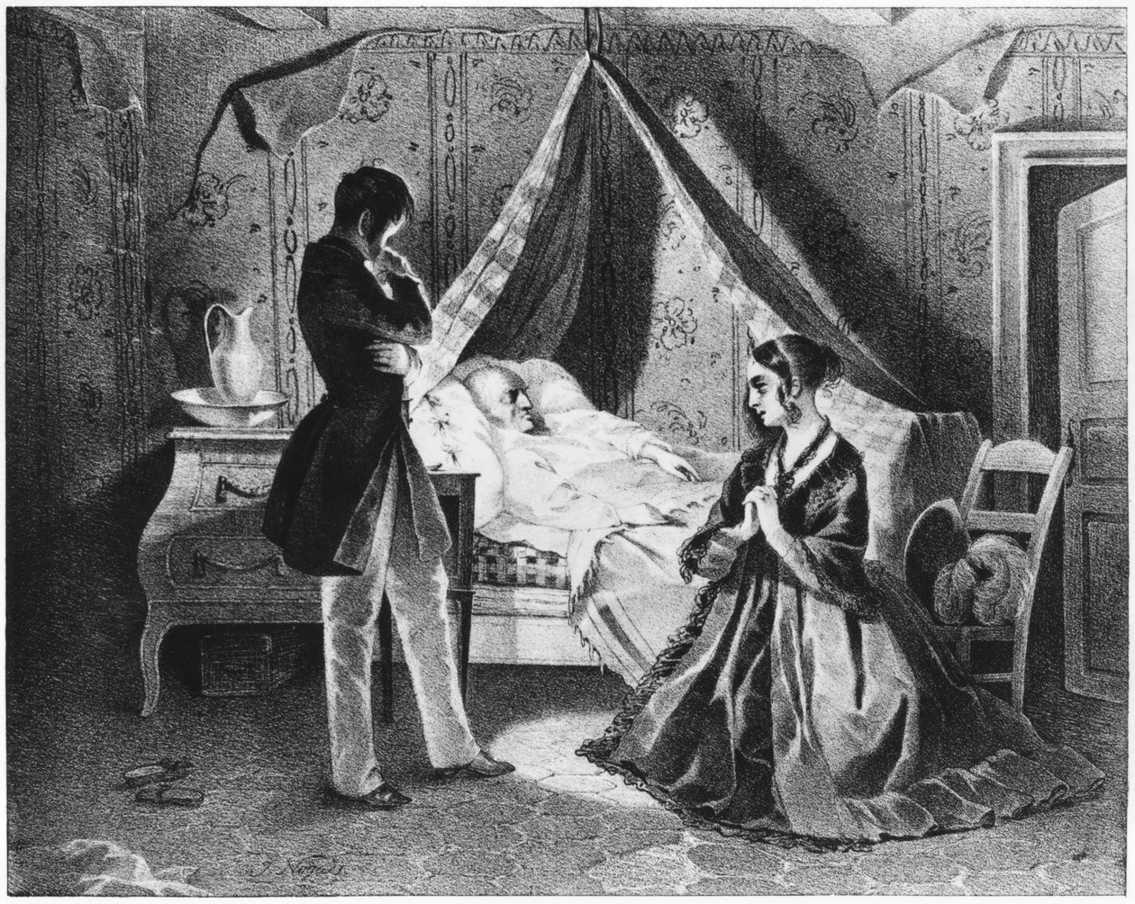Otec Goriot na smrtelné posteli, ilustrace z „Le Pere Goriot“ od Honore de Balzac (1799-1850) od French School