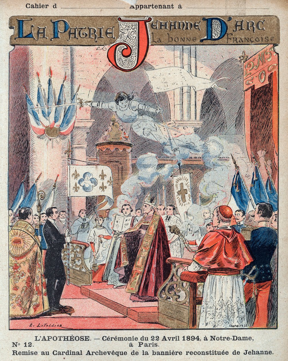 Svátek na počest Johanky z Arku v Notre-Dame v Paříži. Požehnání praporu - Z ochranného pouzdra na učebnice, konec 19. století - ilustrace E. Letellier - Slavnost 22. dubna 1894 a notre dame de Paris - představení archaickému ca. od French School