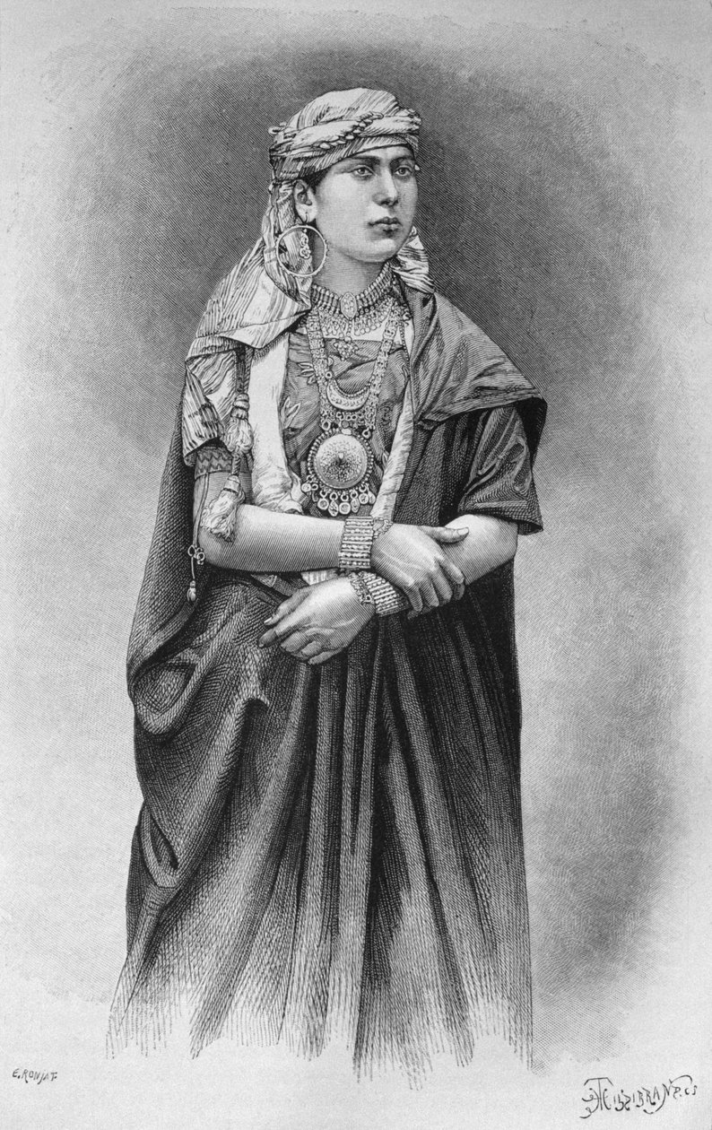 Fellaheen dívka ve slavnostních šatech, dnes ze Sýrie. Cestuje po Fénicii, Libanonu a Judeji. 1875-1880 Louis Charles Emile Lortet, 1884 (č. rytina) od French School