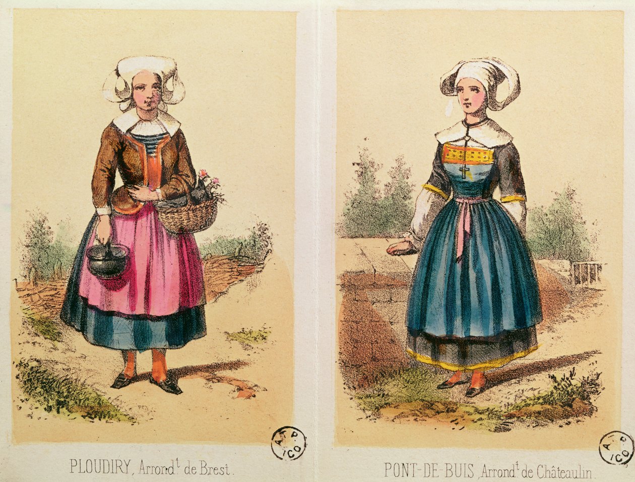 Ženské kroje z Ploudiry a Pont de Buis, z knihy Les Costumes Bretons de Sorrieu od French School