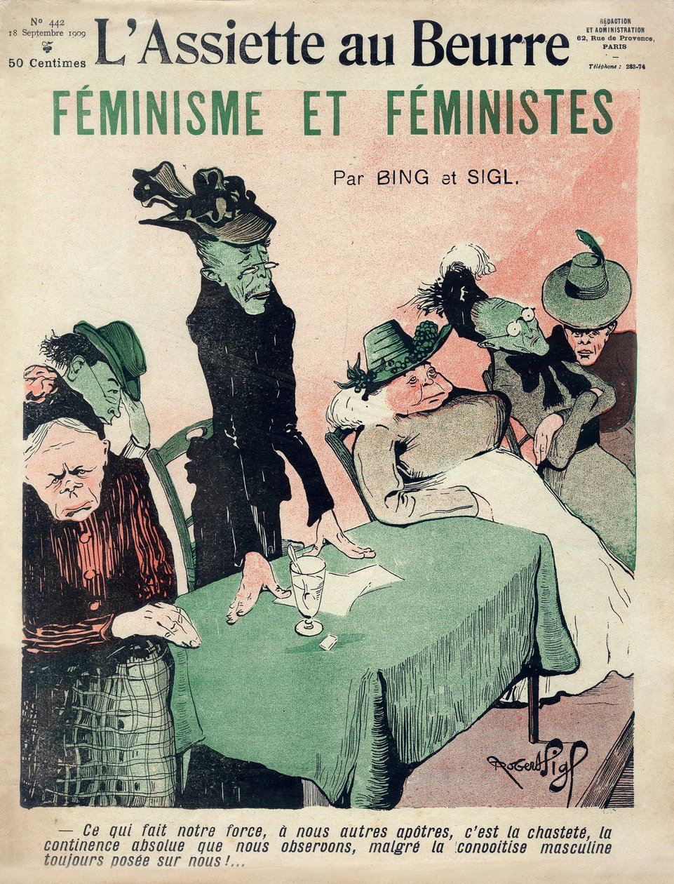Feministická karikatura, obálka francouzského satirického časopisu 