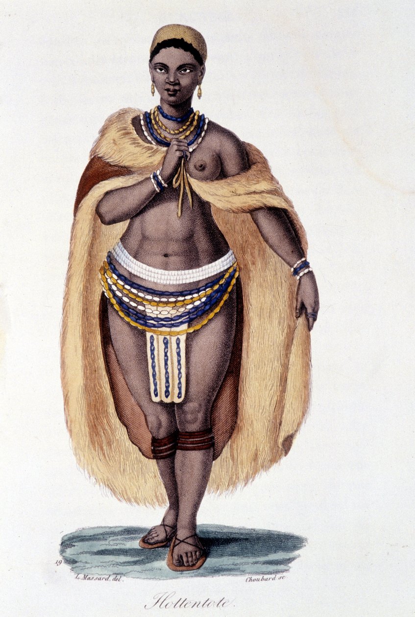 Hotentotská žena (Venus Hottentote) v tradičním kroji - v „Bibliotheque Universelle des Voyages““ od Alberta Montémonta, ed. Armand Aubrée od French School