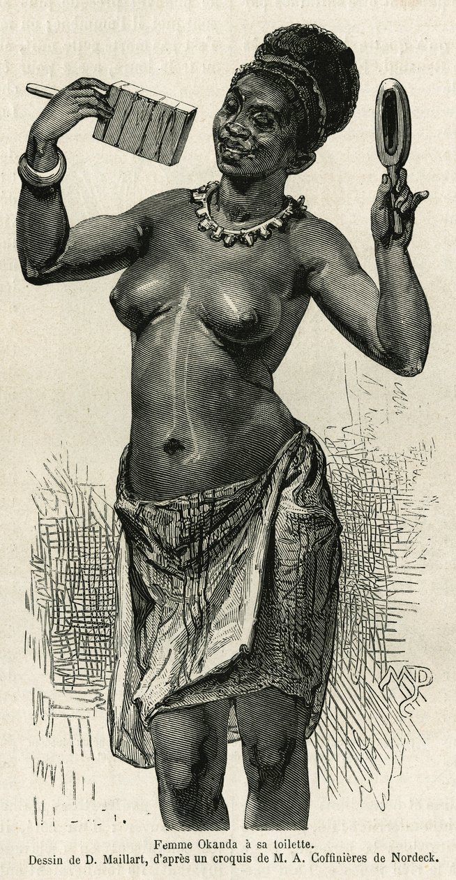 Femme Okanda má svou toaletu, kresbu D. Maillarda, aby ilustrovala příběh o výletu do Gabonu a řeky Ogoue v letech 1875-1877 od Alfreda Marche. Rytina v Le tour du monde od French School