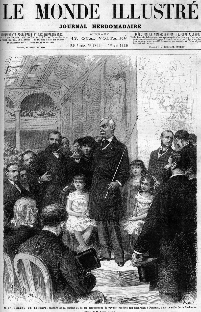Ferdinand de Lesseps je obklopen svou rodinou a společníky a vypráví o své cestě do Panamy v Salle de la Sorbonne. Obálka „Ilustrativního světa“ z roku 1880. od French School