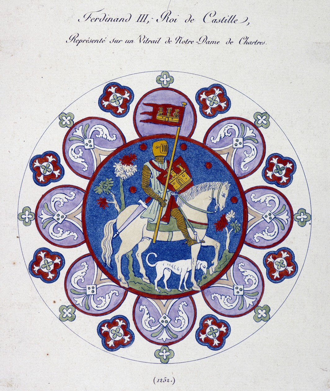 Fernand III, král Kastilie, představuje na vitráži Notre Dame de Chartres (1252). Vysokoškolské přirovnání. od French School