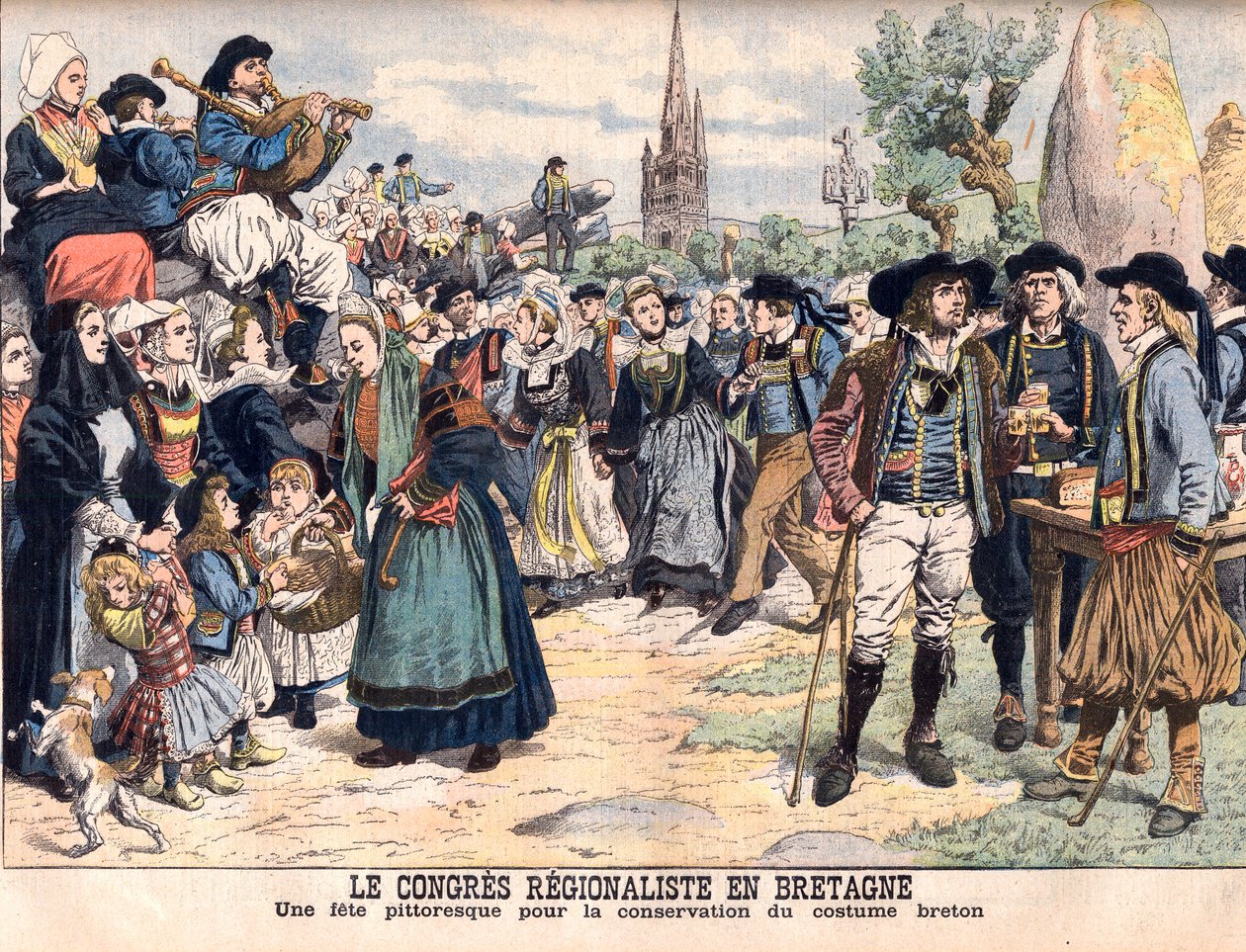 Festival pro zachování tradičního bretaňského kroje. Regionální kongres v Bretani. Malebná oslava na zachování bretaňského kroje. Ilustrace pro Le petit Journal od French School