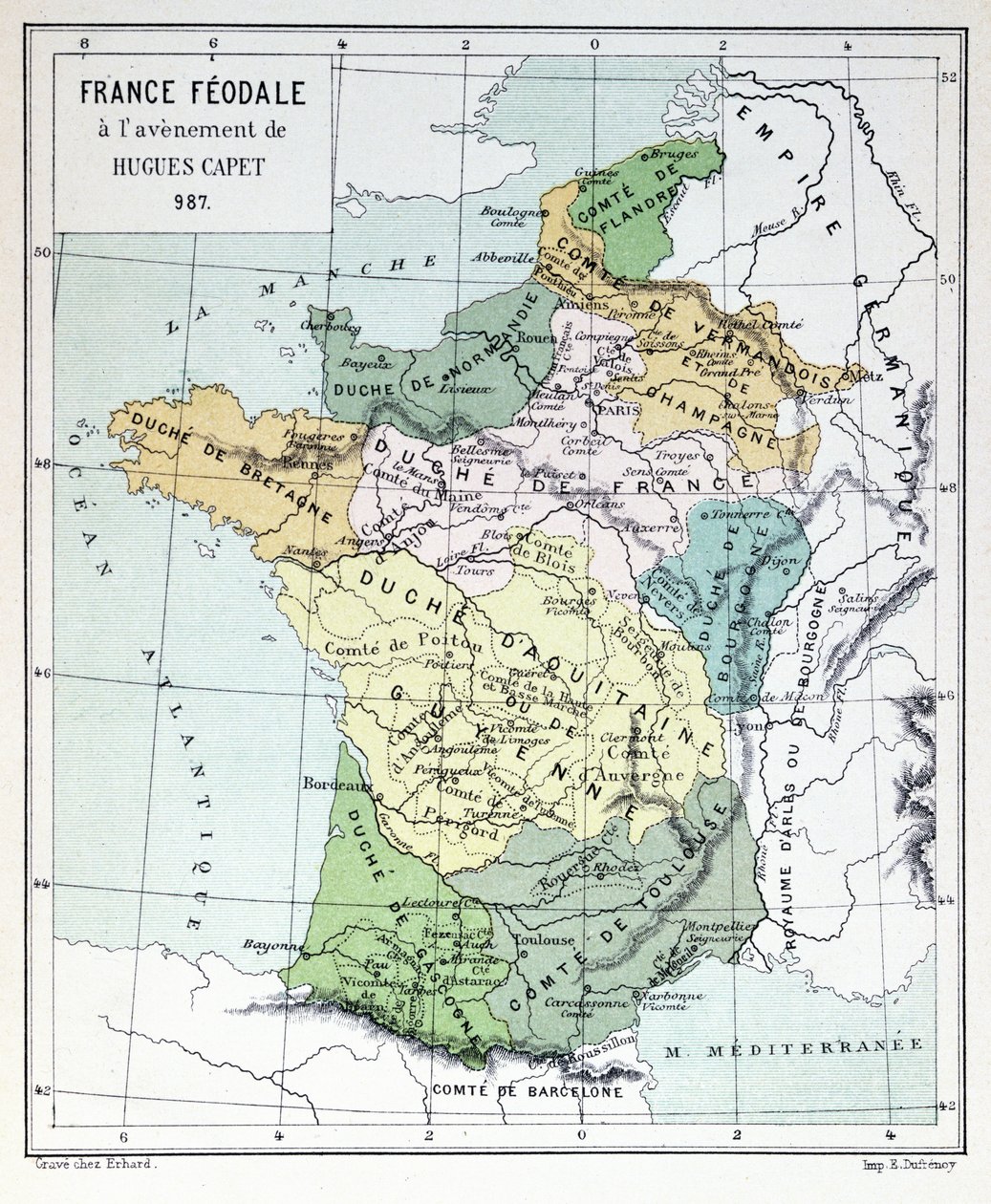 Feudální Francie v době přistoupení Hugues Capet v roce 987, mapa ilustrovaná v Histoire de France c.1880 od French School