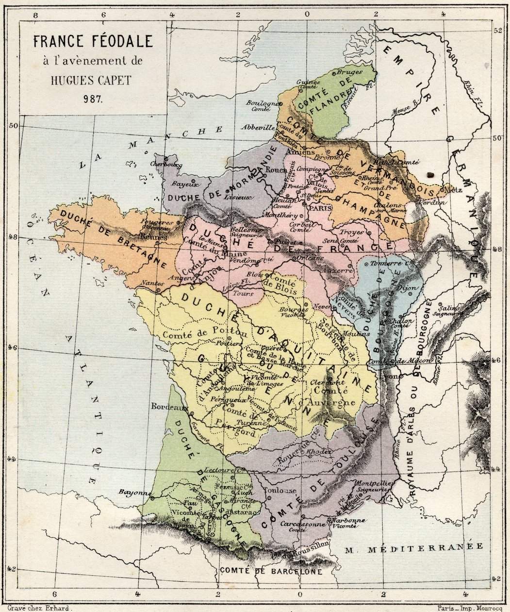 Feudalismus – Francie Feudalismus při příchodu Hugues Capet – 987 – rytina z „“ Historie Francie vyprávěná mým vnoučatům“ – od Francoise Guizota – 1872-1876 od French School