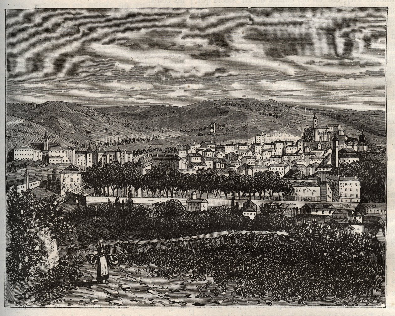 Figeac - Lot, v regionu Midi-Pyrenees - rytina v „La France illustree: geografie, historie, statistická správa“ od V.A. Sladově hnědá. 1884 od French School