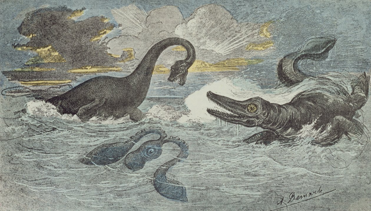 Boj mezi Plesiosaurem a Ichthiosaurem v období Liassic nebo Jurassic (před 208 až 146 miliony let), 1880 (barevná rytina) od French School