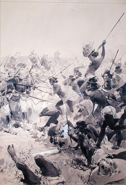 Boj mezi Zuly a anglickými vojáky, kolem roku 1878 (akvarel na papíře) od French School