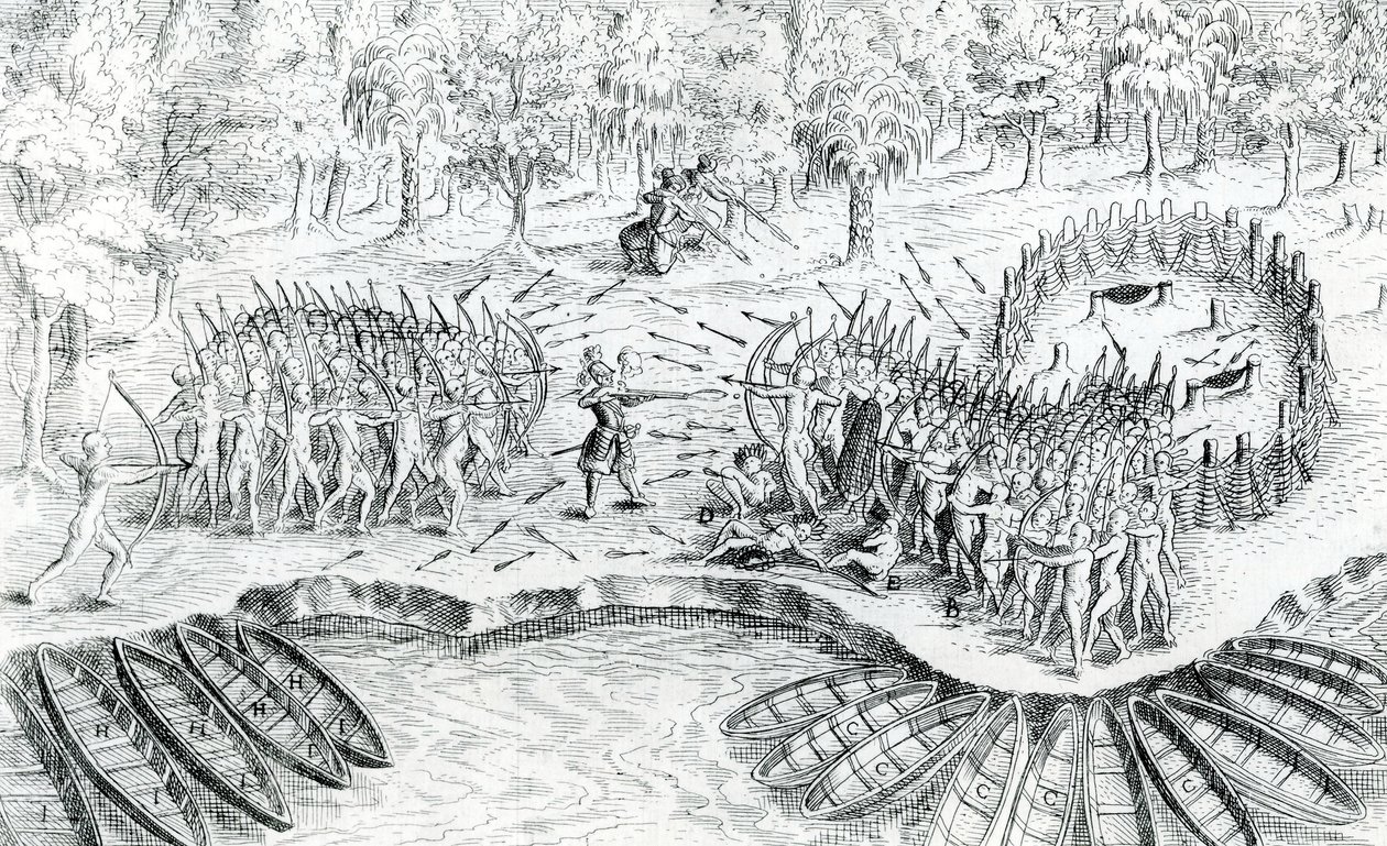 Boj o Hurons, z Voyage de Champlain v roce 1624 od Samuela de Champlain, 1567-1635 od French School