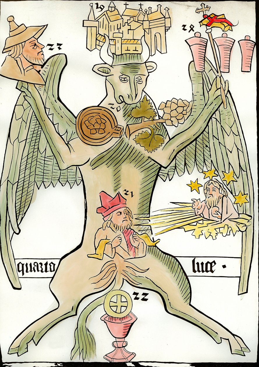 Postava symbolizující evangelistu svatého Lukáše: býk se spojuje s městem Jericho (neboli Jeruzalém), hrozen, prorok, zjevuje se Kristus posledního soudu s hvězdami a paprsky slunce, portrét Žida, kalich . Rytina z „Ars od French School