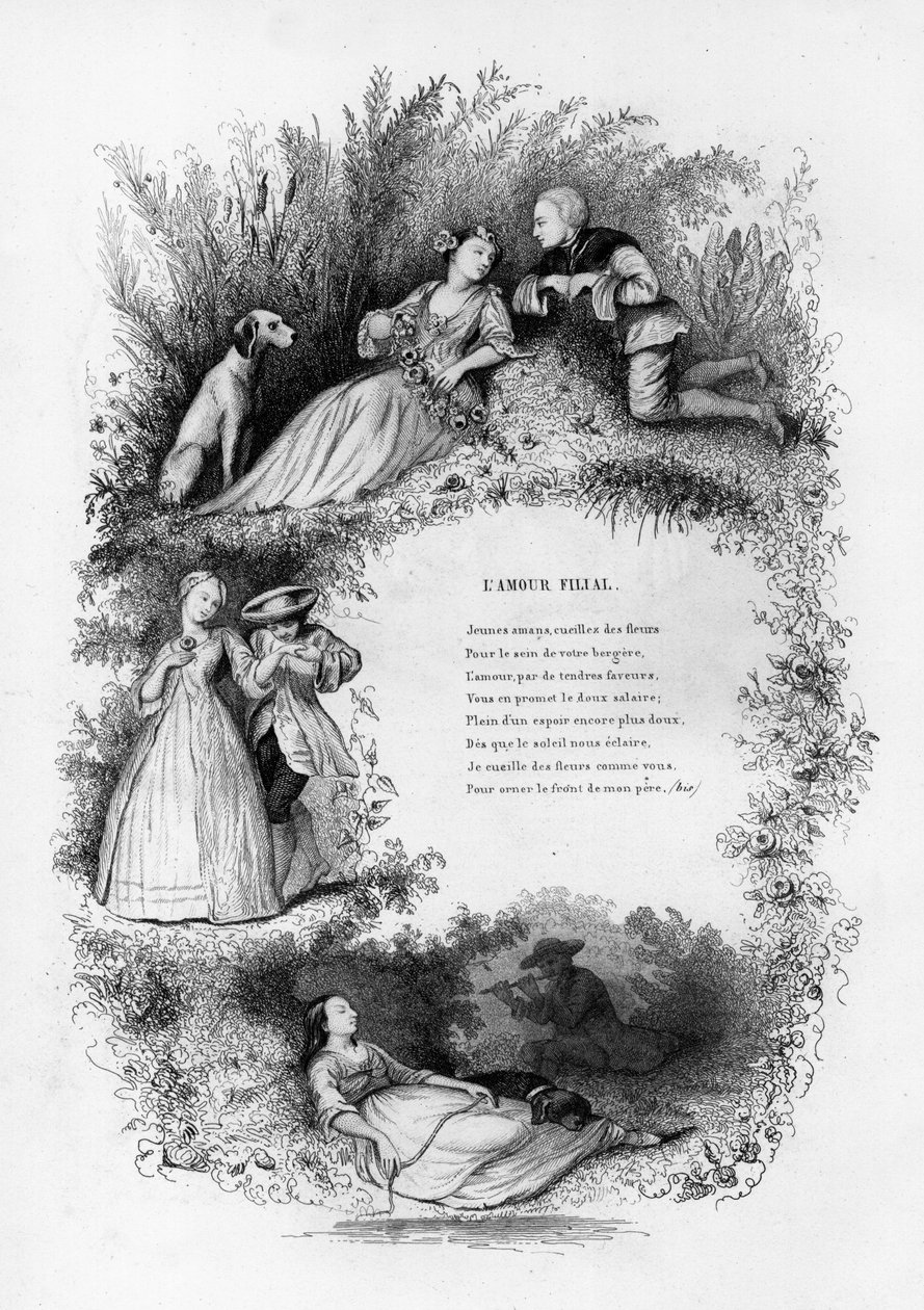 Synovská láska. Mladý muž svůdný tři mladé ženy na venkově. Rytina do „“ Chants et chansons populaire de la France“, Tome 2 od French School
