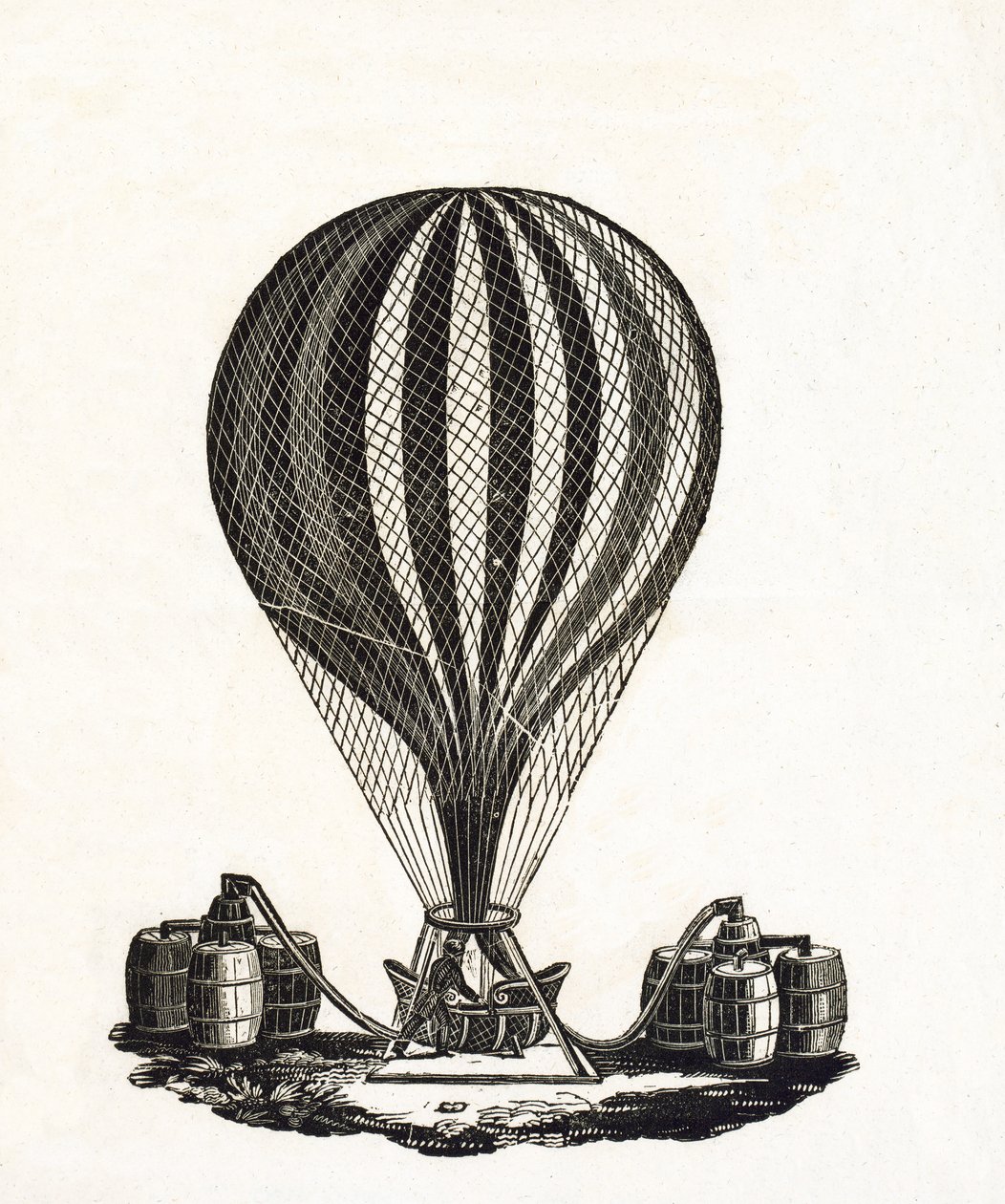 Plnění horkovzdušného balónu plynem, cca 1790 (dřevoryt) od French School