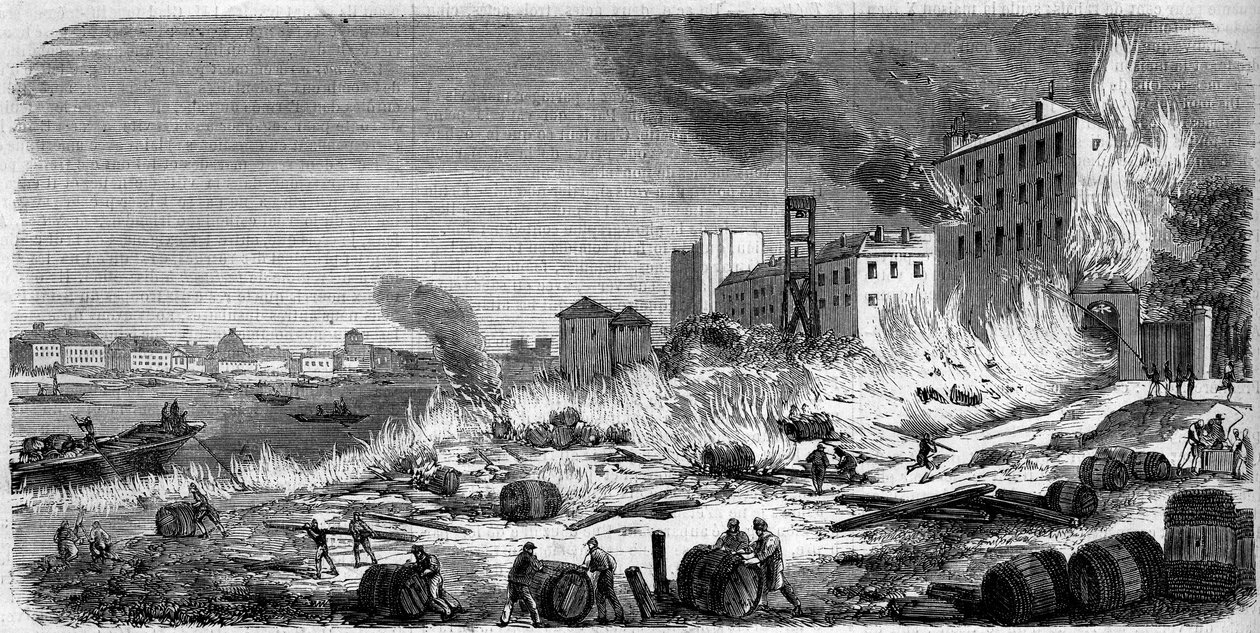 Požár skladů vína v Bercy dne 5. srpna 1860. Rytina v „“ Le Monde Illustré““ č. 174 z 11. srpna 1860. od French School