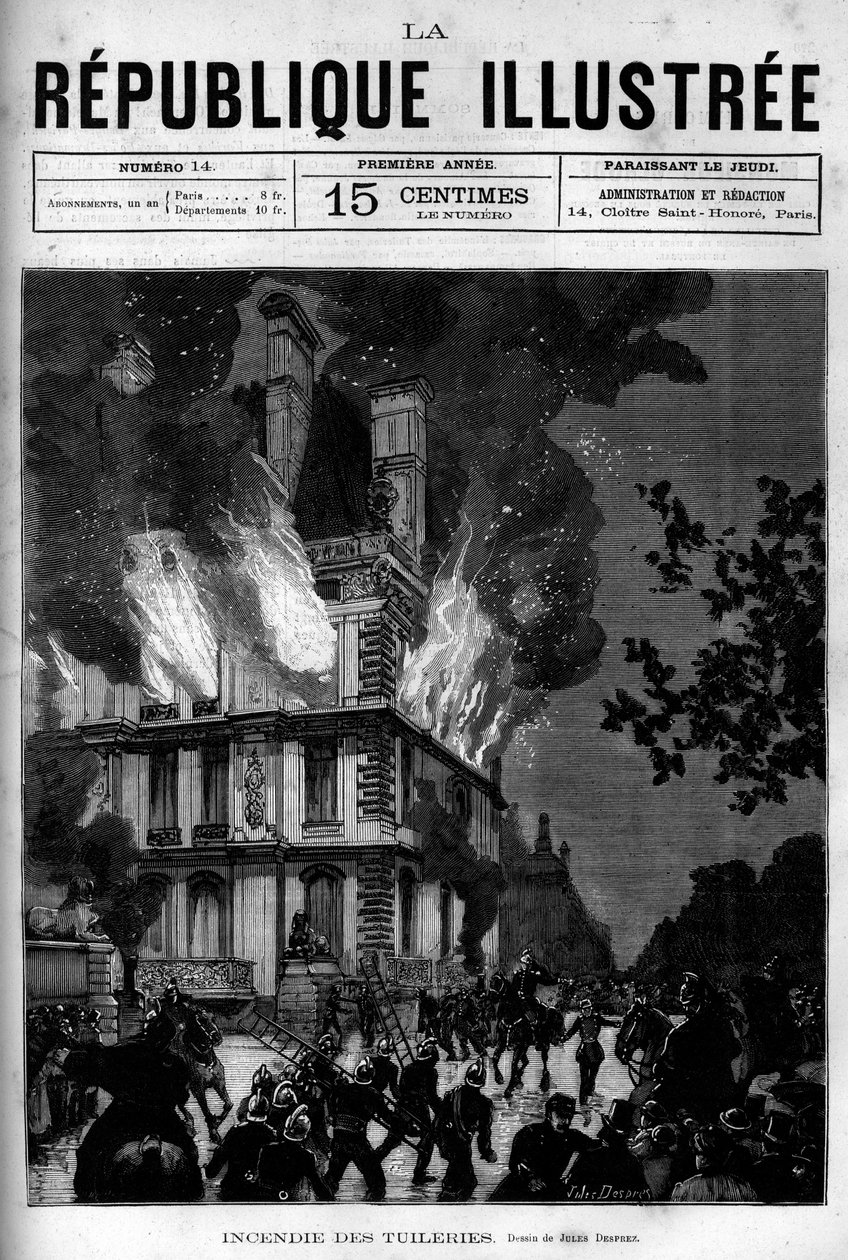 Požár pavilonu Flore v Tuileries v Paříži. Noviny. Rytina z roku 1880 v soukromé sbírce „La republique illustree“. od French School