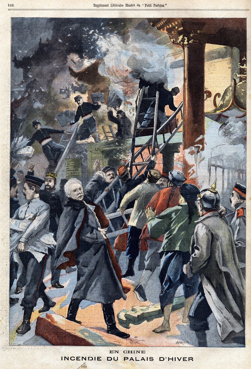 Požár Zimního paláce v Pekinu, Čína, v „Le Petit Parisien““ dne 5.5.1901 (rytina) od French School