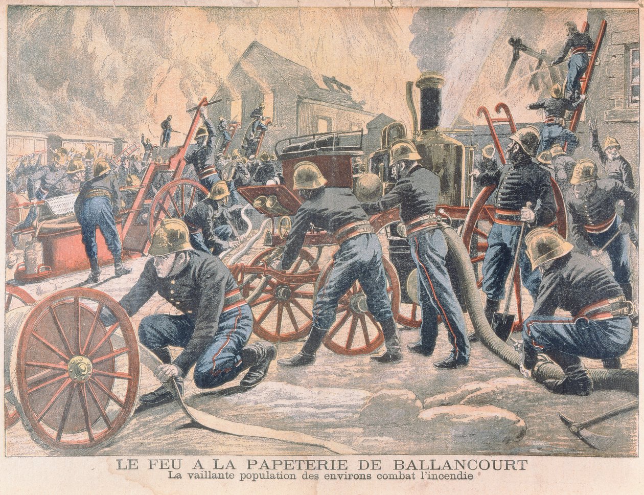 Hasiči bojující s ohněm v papírně v Ballancourt, z Le Petit Journal, 1905 od French School