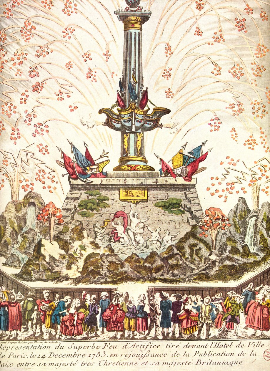 Ohňostroj před hotelem de Ville v Paříži na oslavu Versailleského míru, 14. prosince 1783 od French School