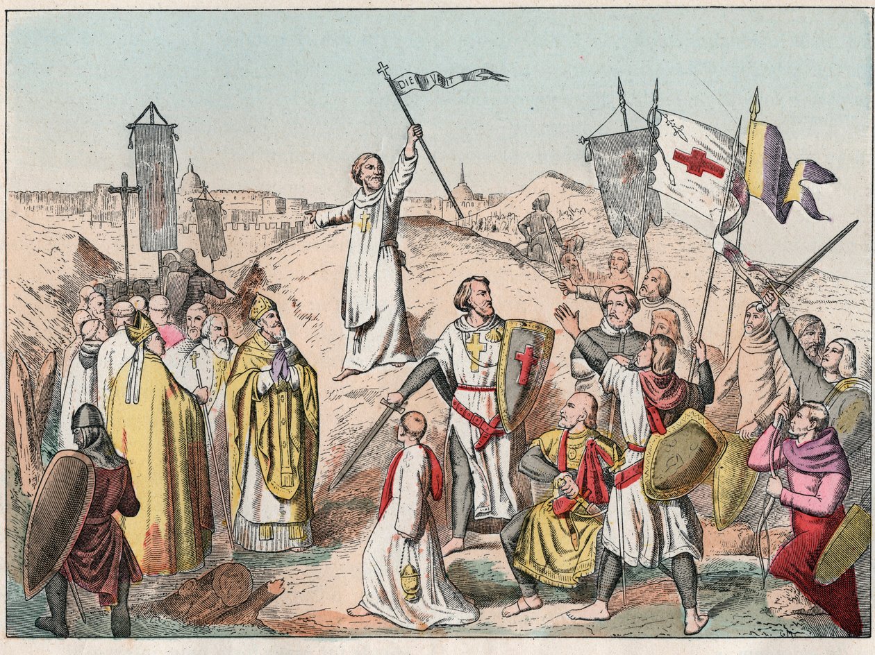 První křížová výprava: obléhání a dobytí Jeruzaléma křížovými cestami vedenými Godefroyem (Godefroi) de Bouillon (1058-1100) v roce 1099 - Godfrey de Bouillon při obléhání Jeruzaléma - Rytina konce 19. století v „“ Nos Gires Nationales - obrazy e od French School
