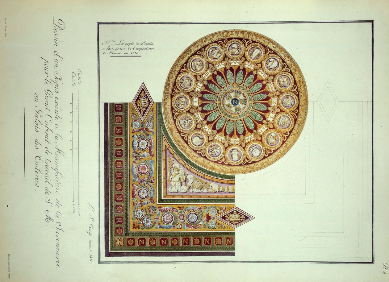 První impérium: návrh koberce provedeného v Manufacture de la Savonnerie pro Cabinet de Travail císaře Napoleona I. (1769-1821) v Palais des Tuileries v Paříži od French School