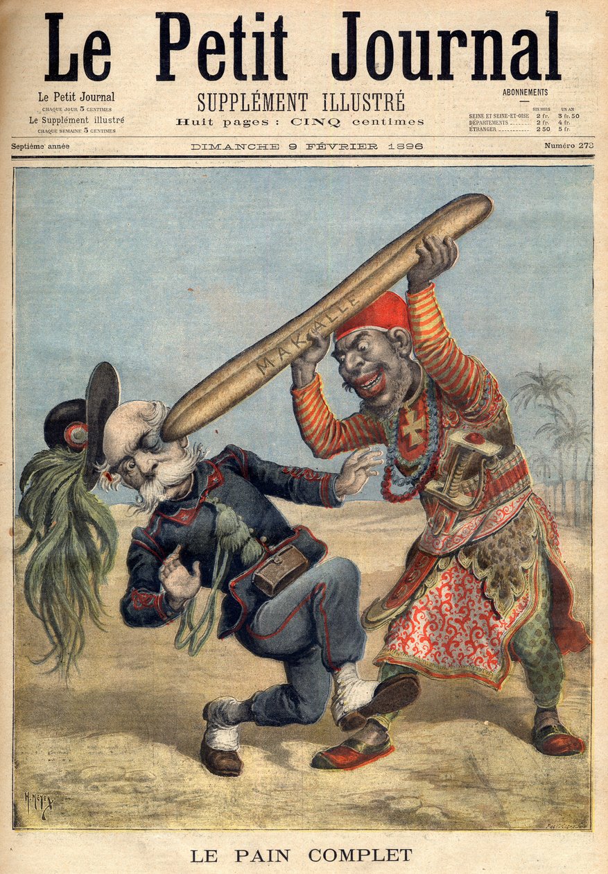 První italsko-etiopská válka - Karikatura Francesca Crispiho (1818-1901) a porážka italské invazní armády při obléhání Makalle v Etiopii - v „Le Petit Journal“ z 2.9.1896 (rytina) od French School