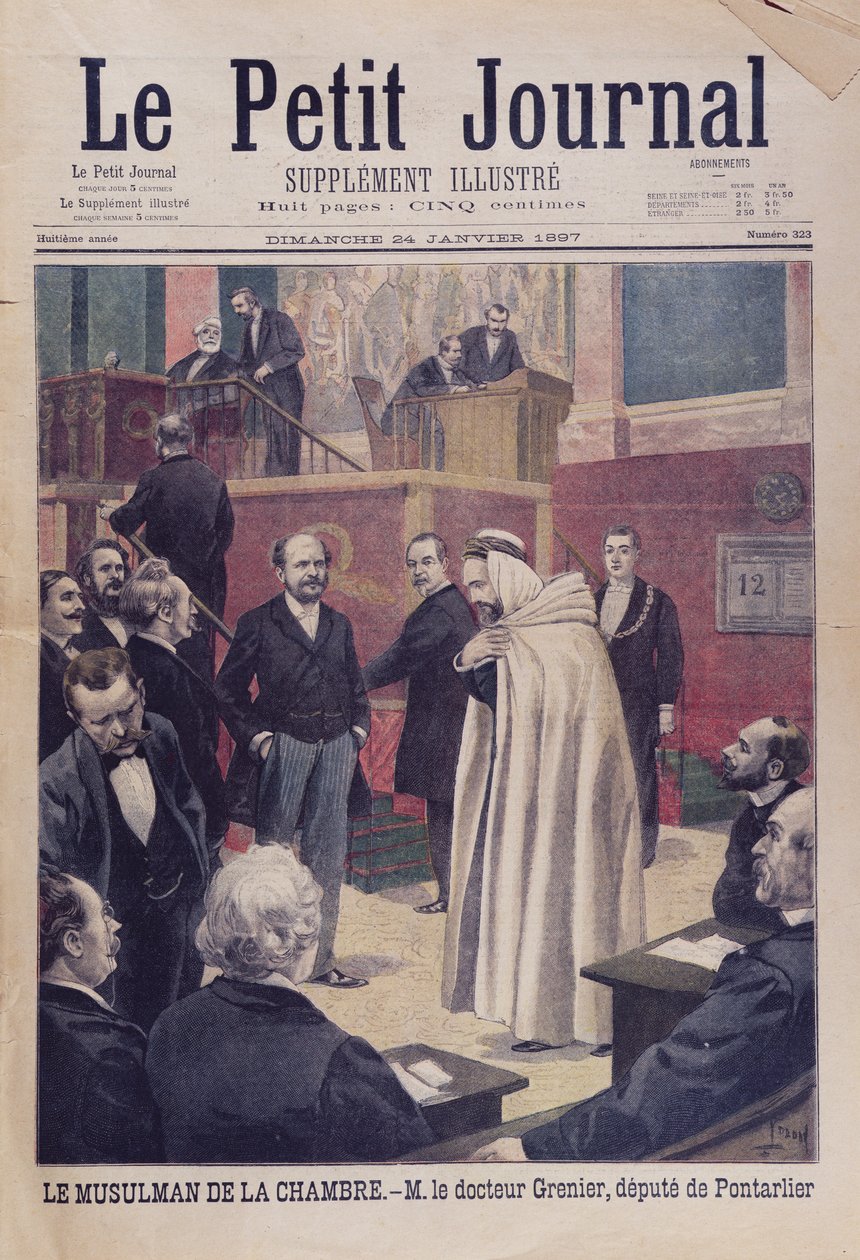 První muslimský zástupce ve francouzském shromáždění, Dr. Philippe Grenier, titulní ilustrace Le Petit Journal, 24. ledna 1897 od French School