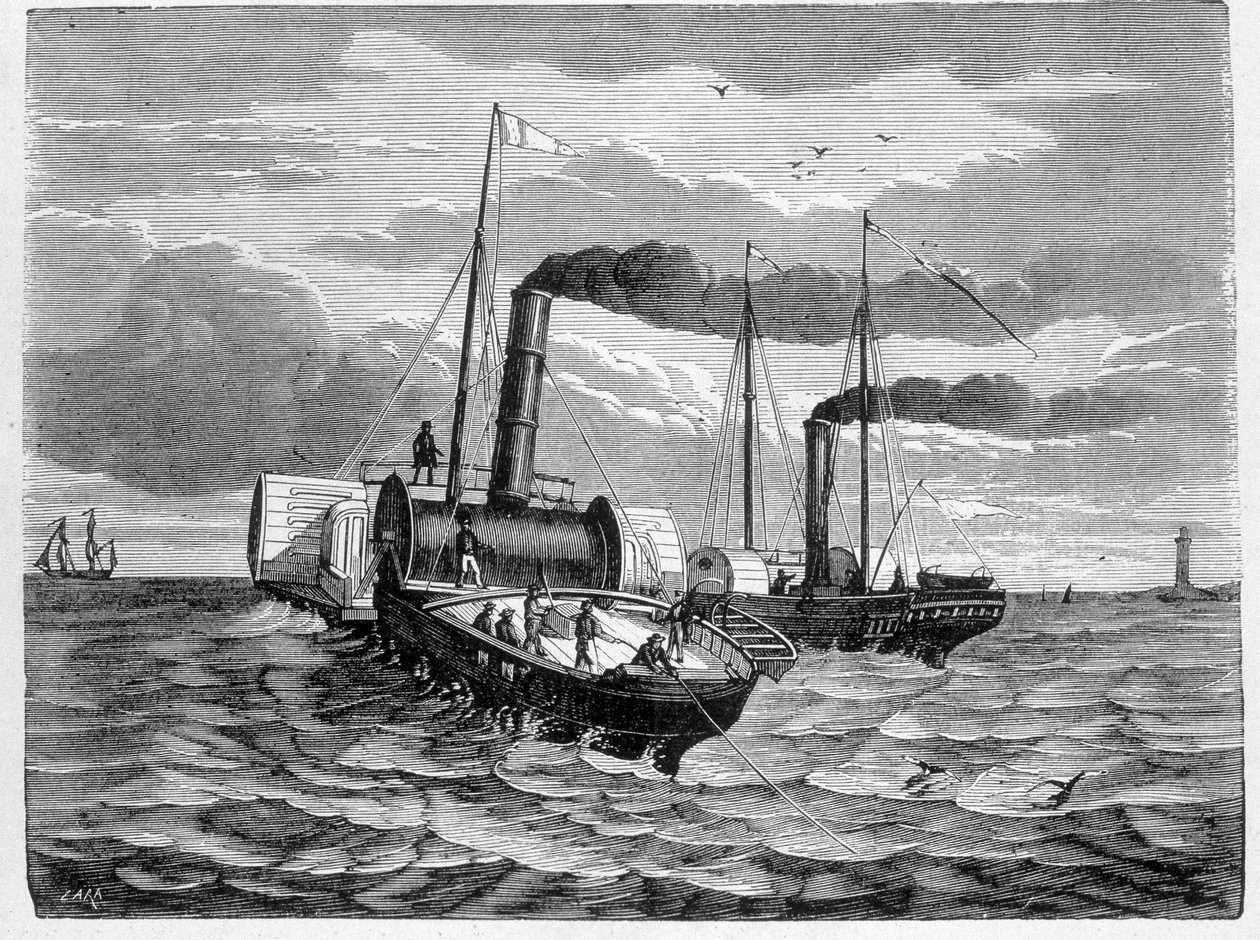 První pokus o instalaci elektrického vodiče z Doveru do Calais (1851) - v „“ Album of Science; věhlasní vědci; Velké objevy “”” 1896. od French School