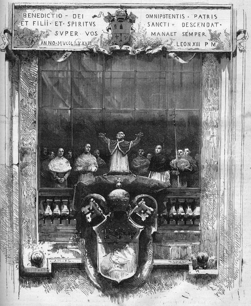První požehnání papeže Lva XIII (Leone) (1810-1903) z vrcholu vnitřního pódia sv. Petra dne 20. února od French School