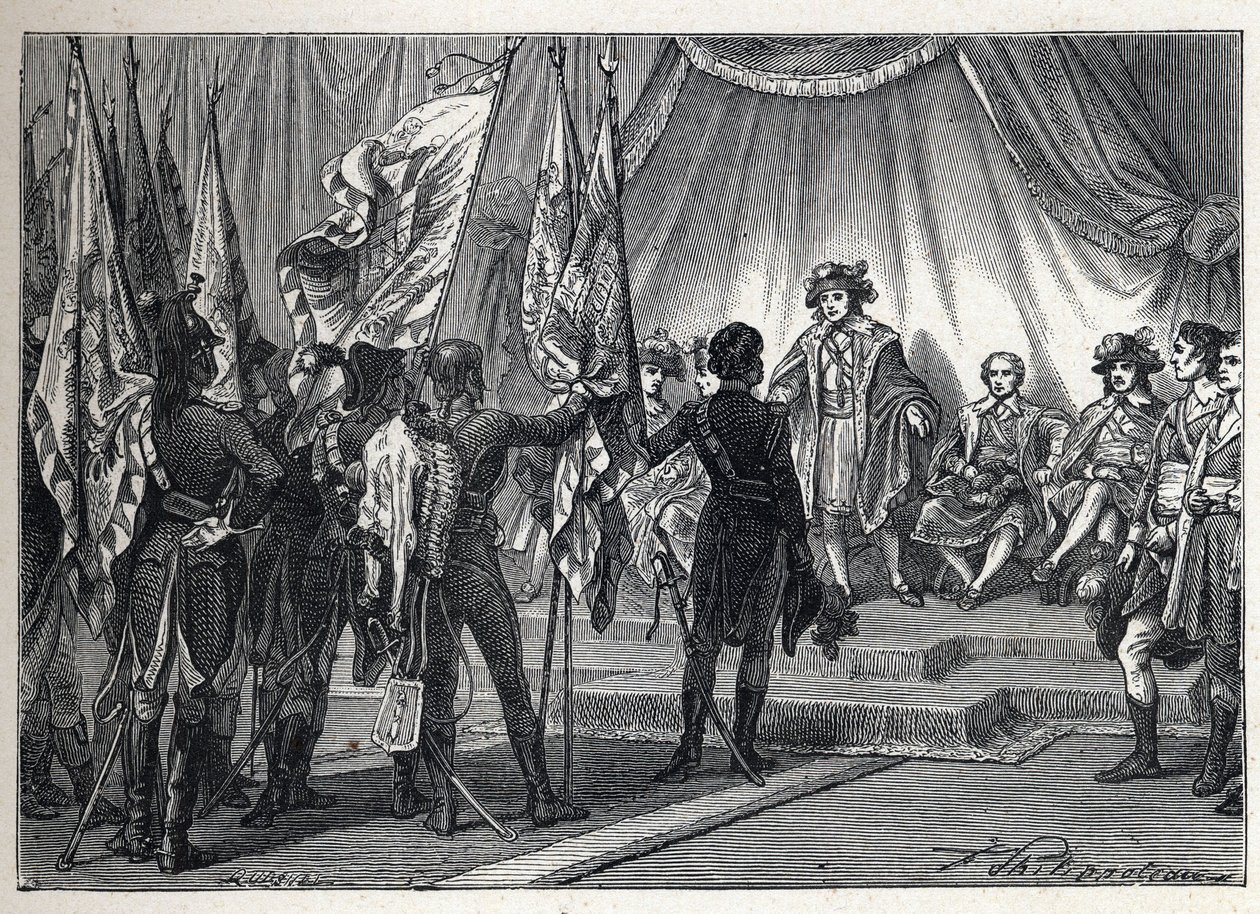 První koalice: Joachim Murat (1767-1815) předkládá výkonné radě vlajky dobyté francouzskou armádou, které velel Napoleon Bonaparte, během italského tažení. Rytina z roku 1889. Soukromá sbírka. od French School