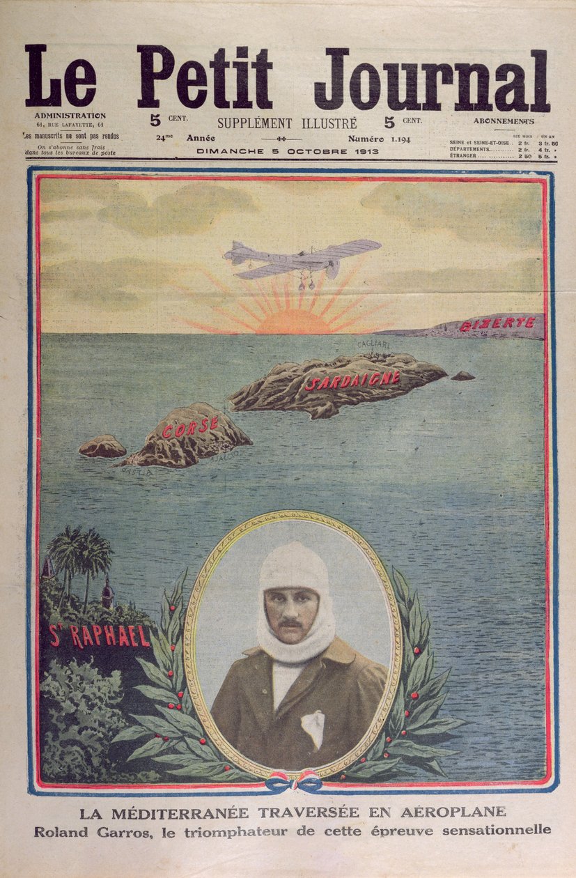 První přeplavba Středozemního moře 23. září 1913 Rolandem Garrosem (1888-1918), ilustrace na obálce le Petit Journal 5. října 1913 od French School
